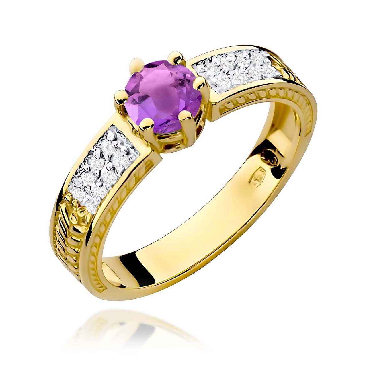 Inel Aur 9K cu Ametist 0.50 ct si Diamante Naturale 0.08 ct (Varianta: Galben)