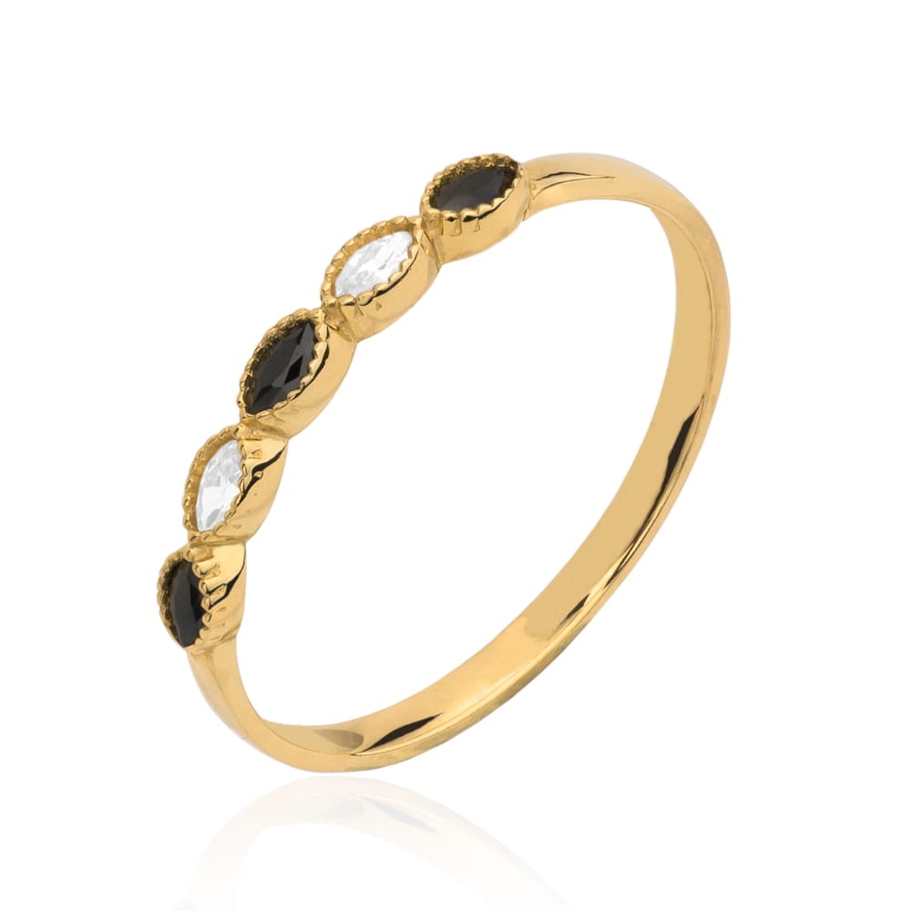 Inel Aur 14k cu Cristale Negre si Zirconii Cubice Albe (Greutate: 1.16, Măsură: 18)