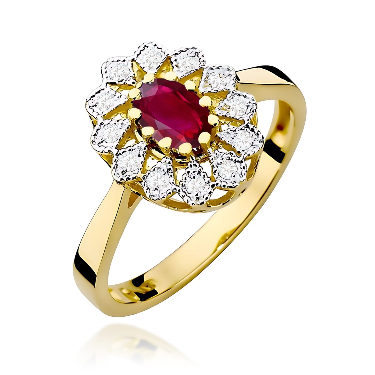 Inel Aur 9K cu Rubin 0.60 ct si Diamante Naturale 0.10 ct (Varianta: Galben)