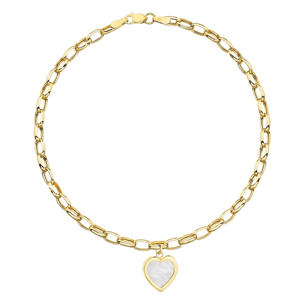 Brățară Din Aur 14K Cu Ovale Întrețesute, Inimă Pandantiv Și Seducătoare Din Sedef (Greutate: 1.74, Măsură: 17.5 cm)