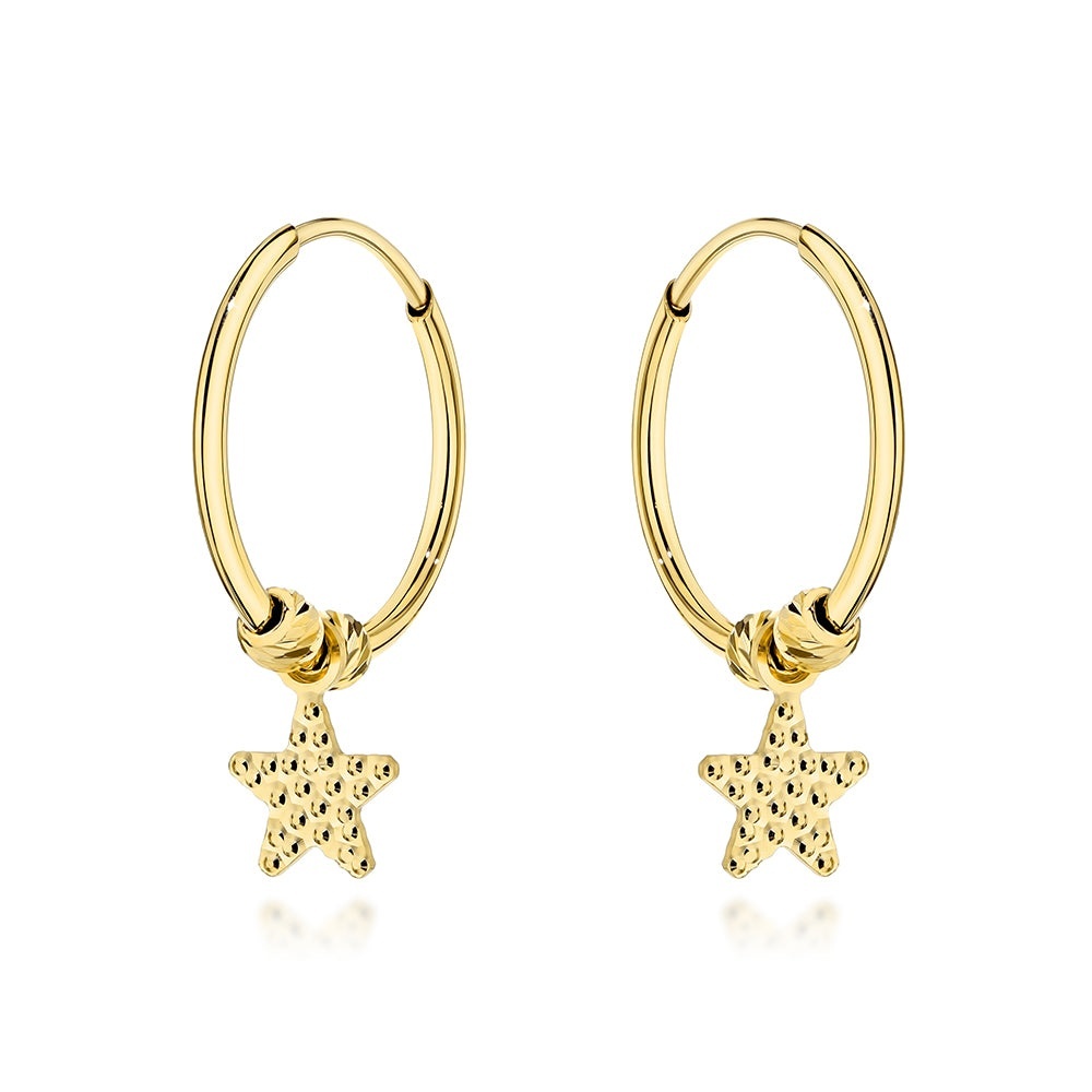 Cercei Aur 14K Tip Creole cu Steluțe și Biluțe Diamantate (Greutate: 0.48)