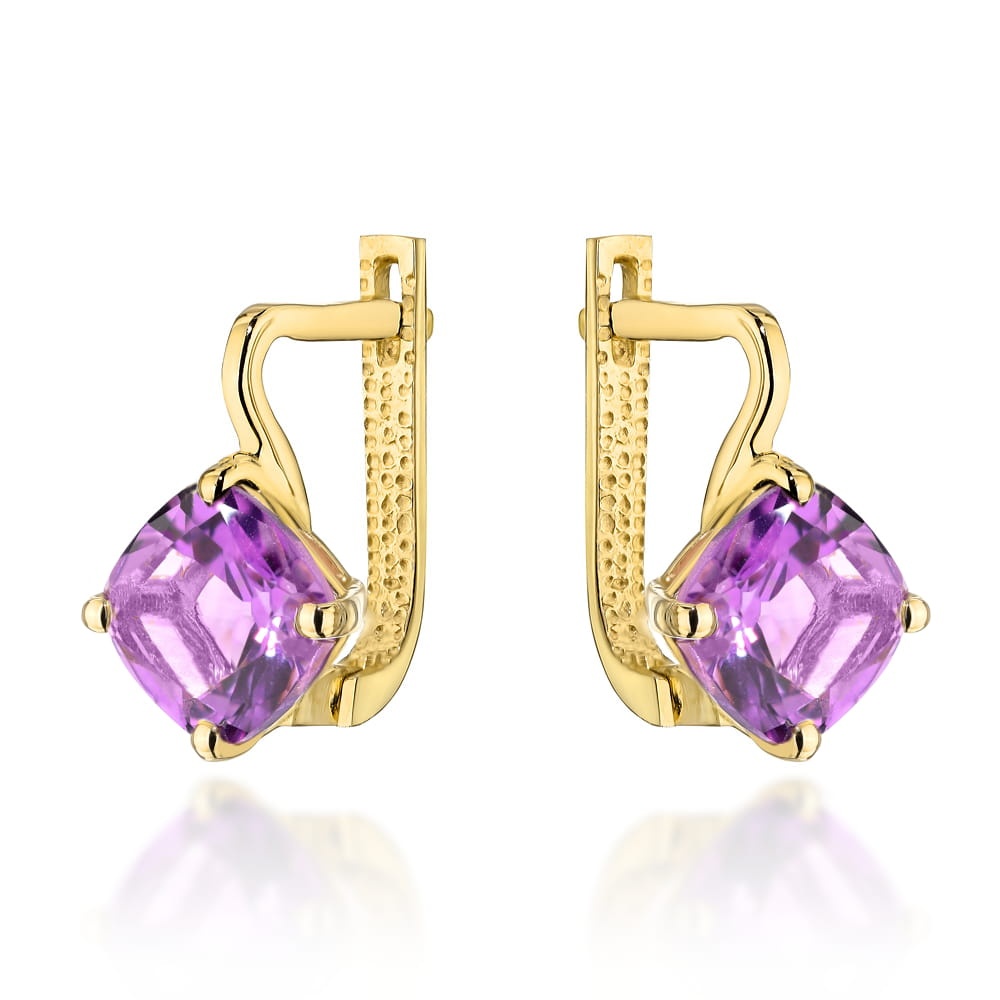 Cercei Aur Galben 14K Cu Ametist Natural Pătrat - Colecția "Colorful Stone" (Greutate: 3.64)