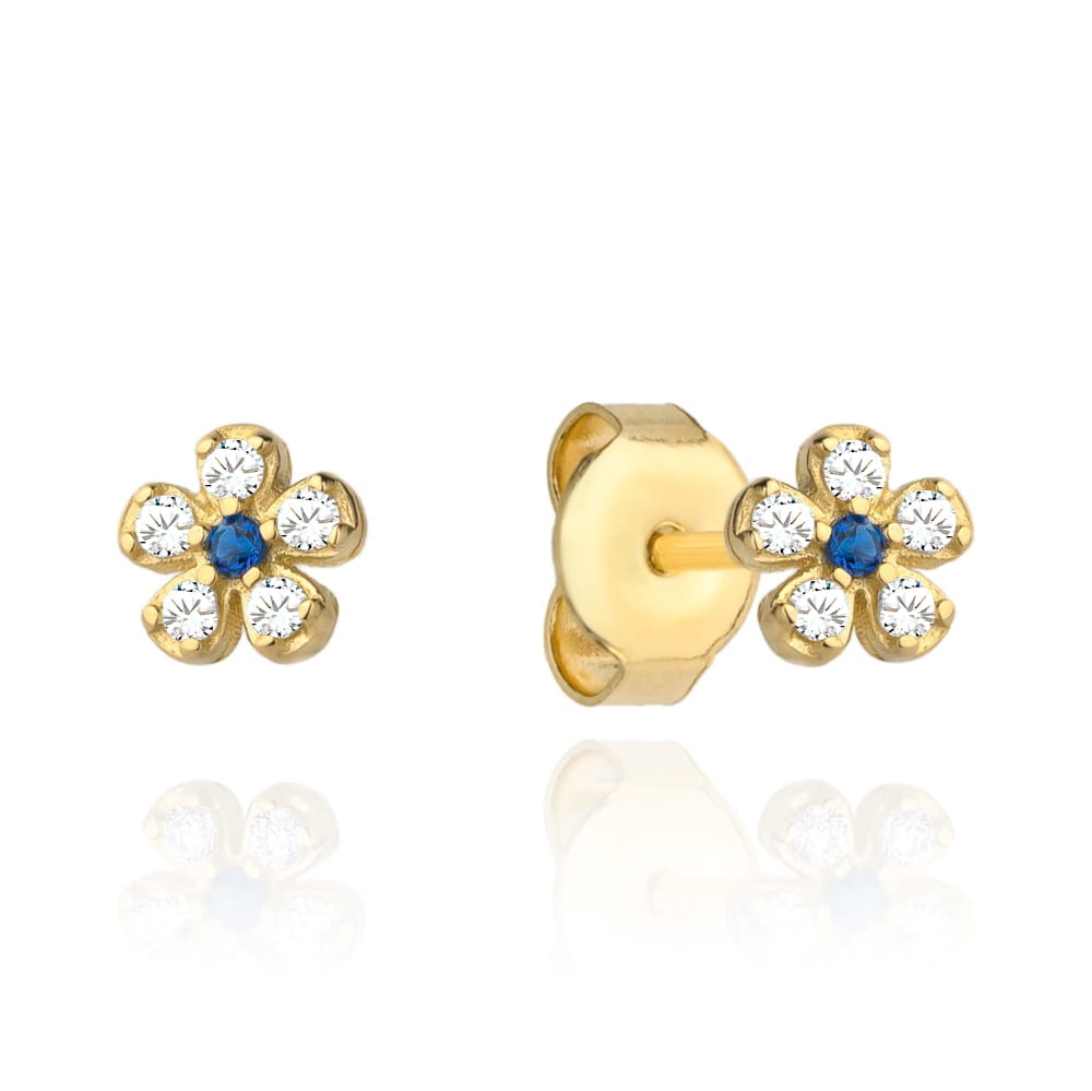 Cercei Aur Galben 14K Floricele Cu Zirconiu Albastru (Greutate: 0.66)