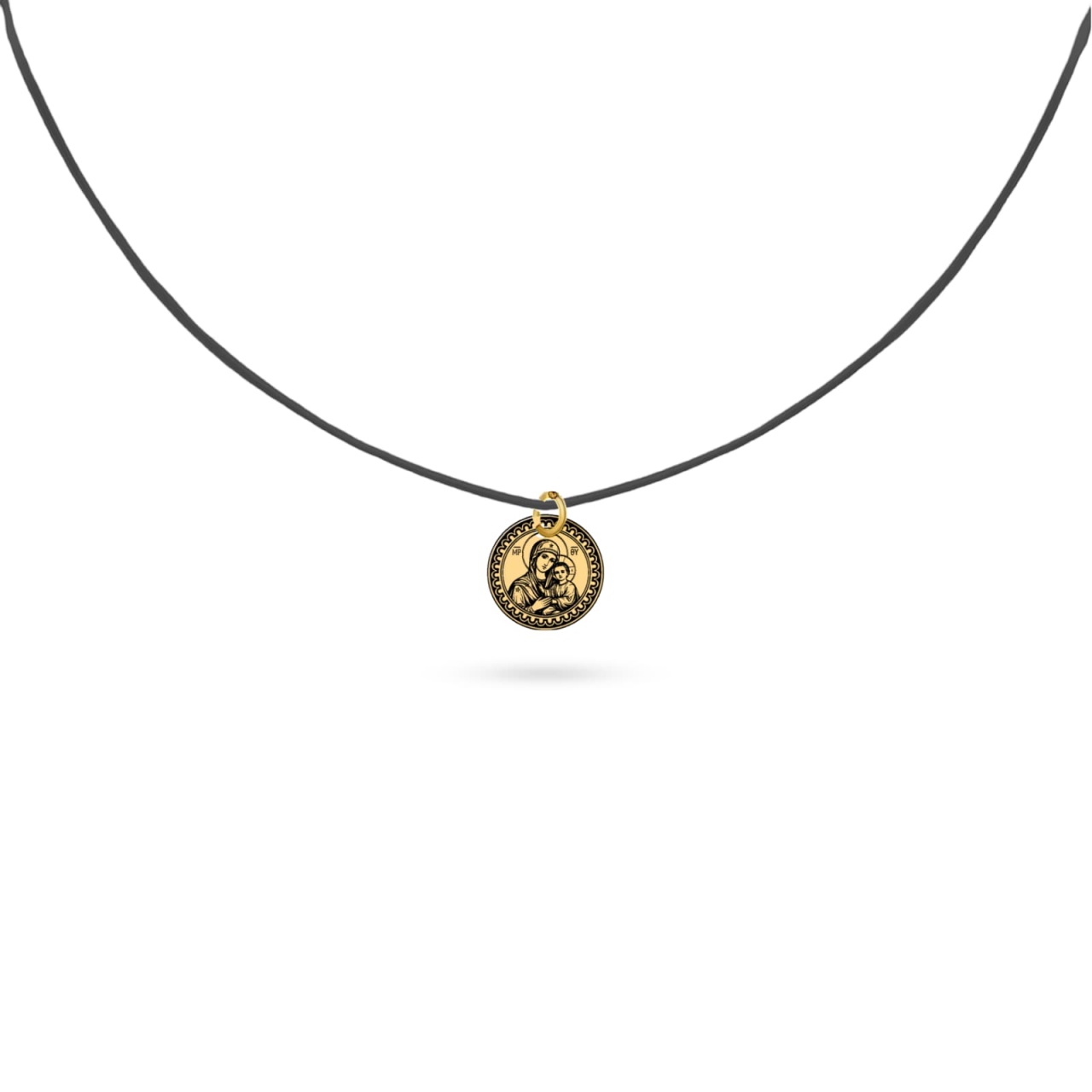 Choker cu Șnur Negru și Bănuț din Aur 14K cu Maica Domnului