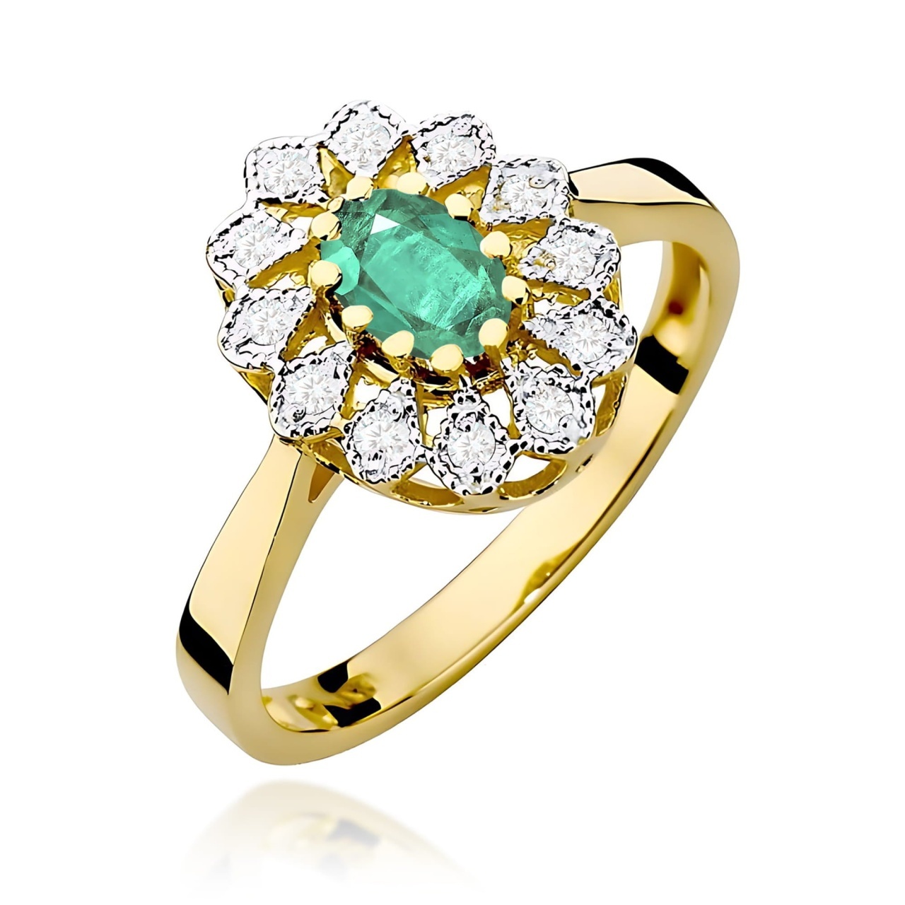 Inel Aur 9K cu Smarald 0.40 ct si Diamante Naturale 0.10 ct (Varianta: Galben)