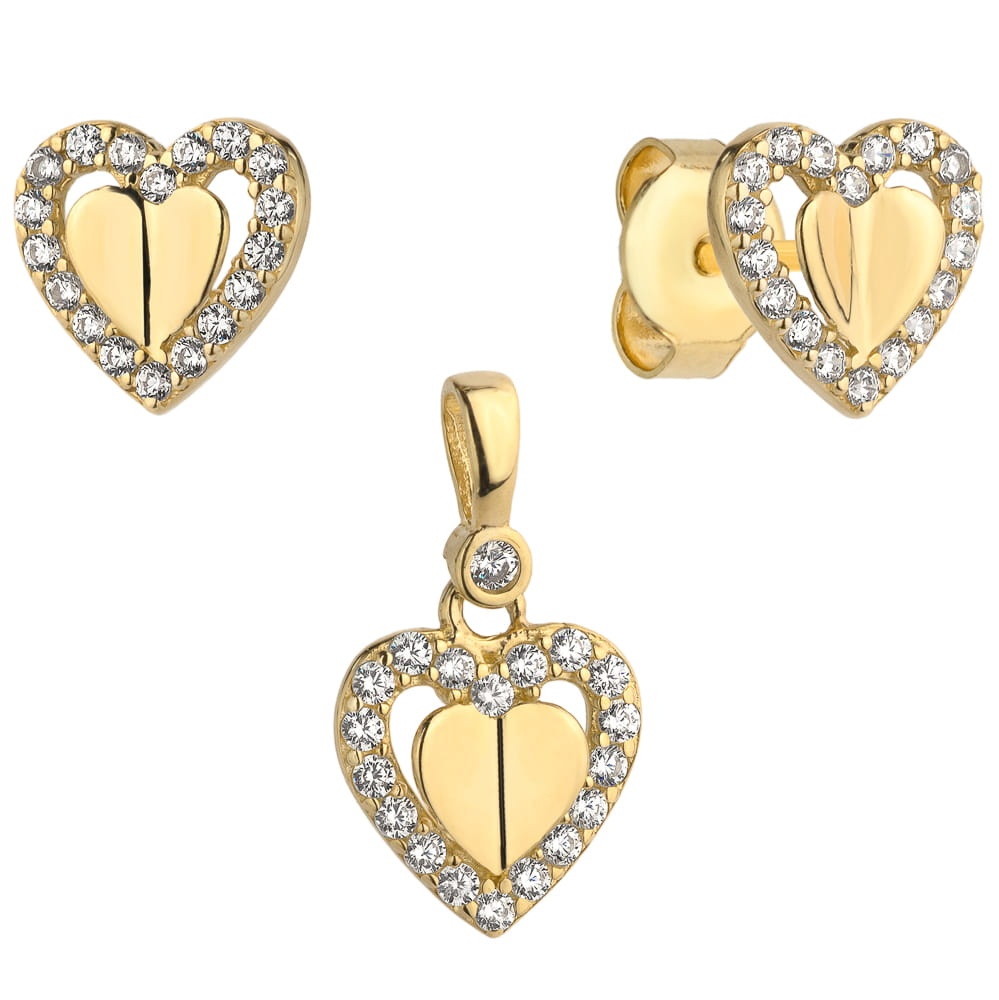 Set Cercei cu Inimioare 3D + Pandantiv si Cristale- Aur 14k (Greutate: 1.64)