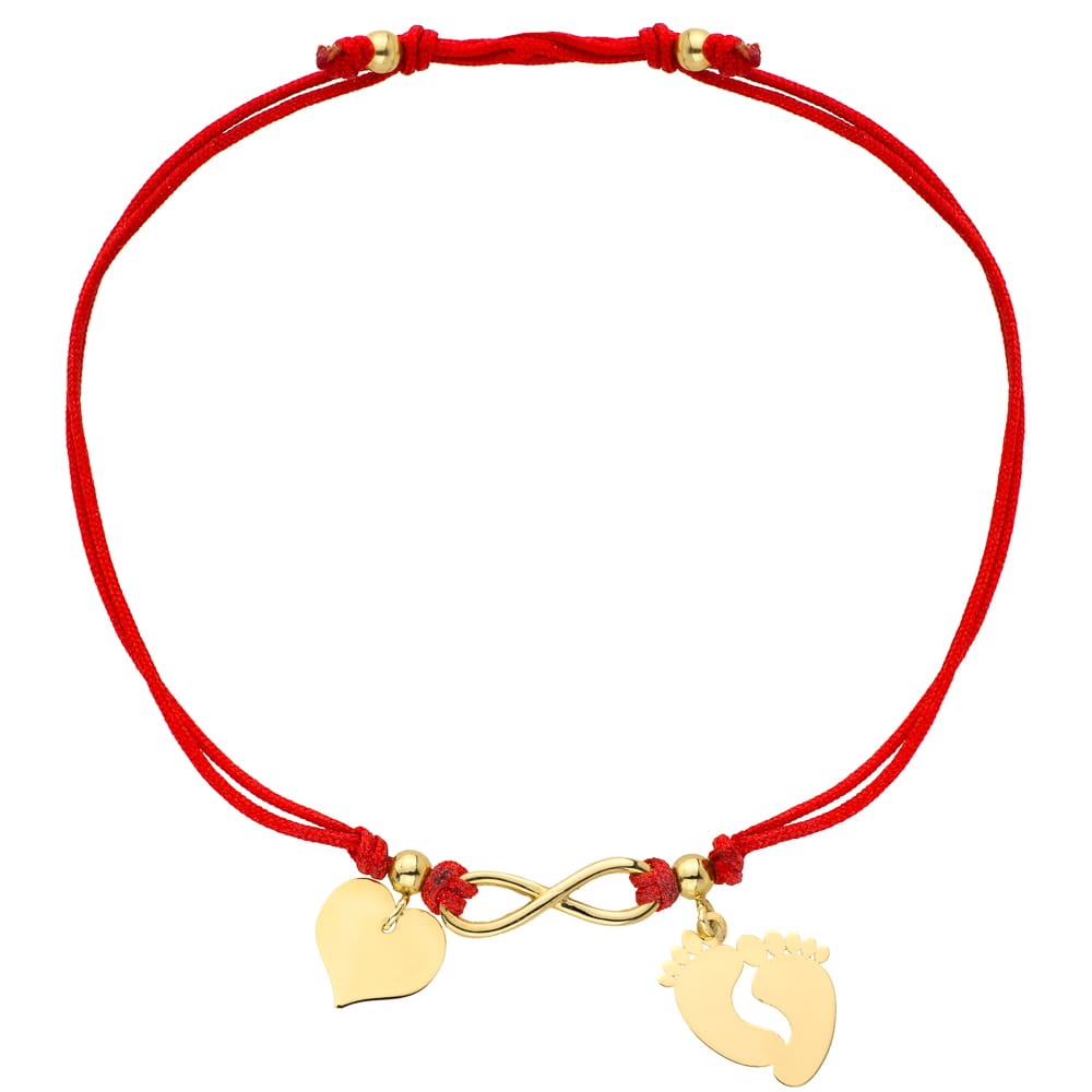 Bratara Snur Rosu Aur 14k cu Inima, Infinit si Picioruse (Greutate: 0.93)