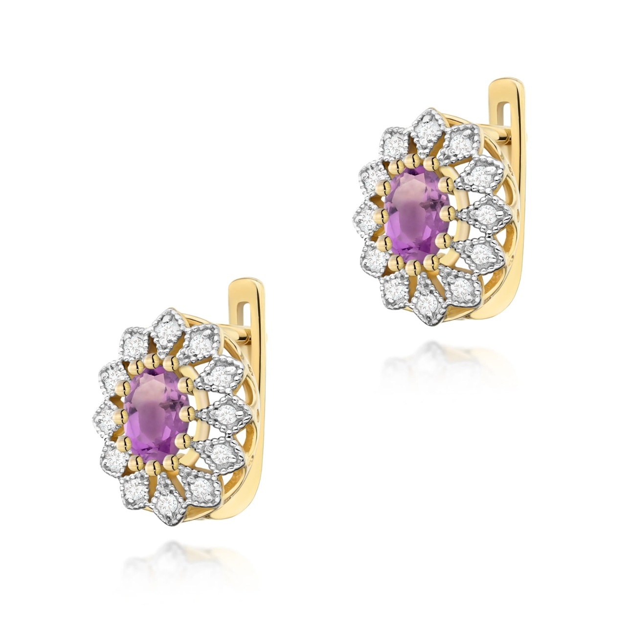 Cercei Aur 14K cu Ametist 0.40 ct si Diamante Naturale 0.21 ct (Varianta: Galben)
