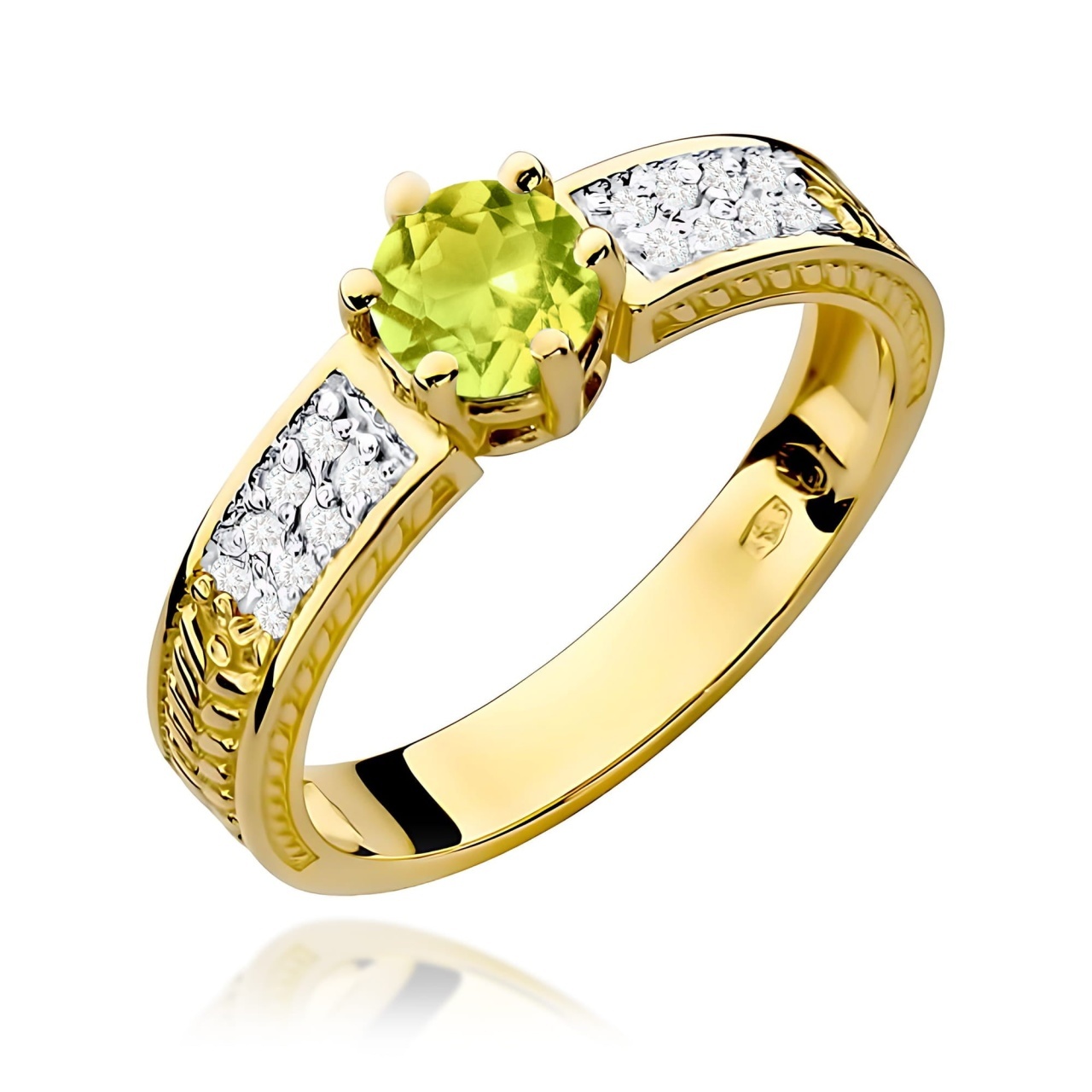 Inel Aur 9K cu Peridot 0.60 ct si Diamante Naturale 0.08 ct (Varianta: Galben)