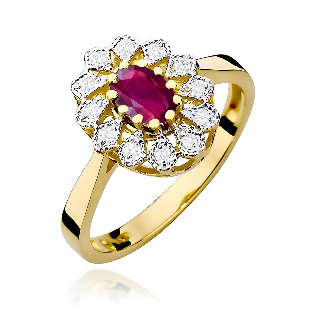 Inel Aur 9K cu Rhodolite 0.50 ct si Diamante Naturale 0.10 ct (Varianta: Galben)