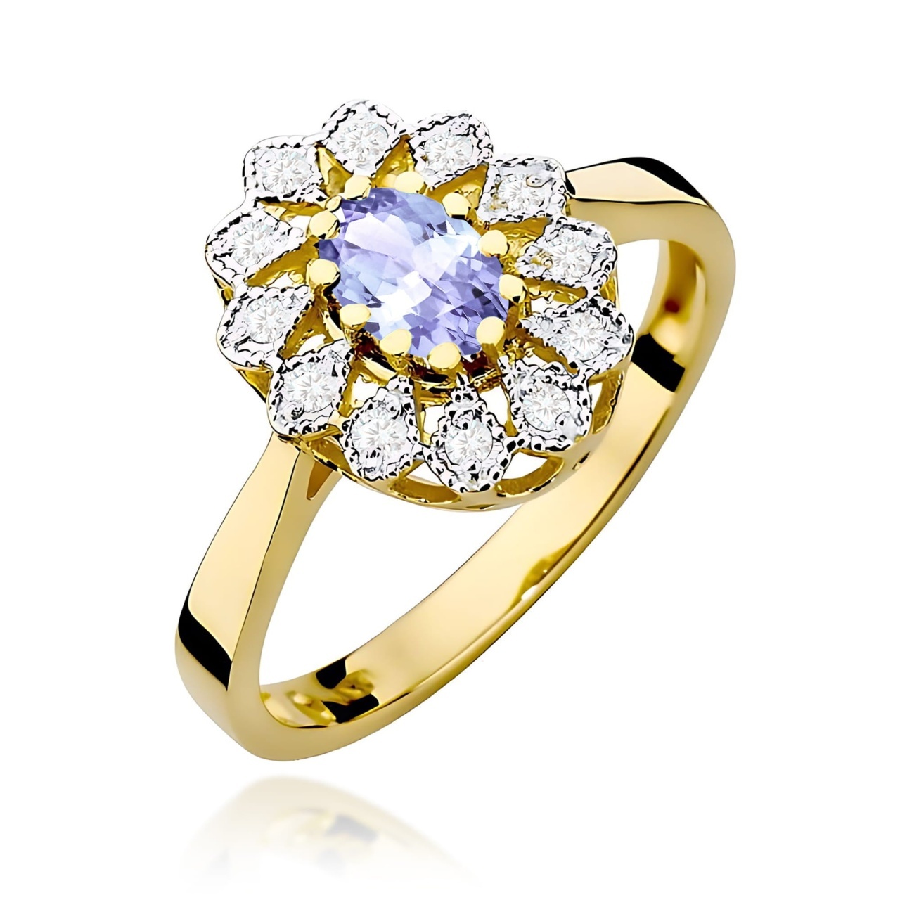 Inel Aur 9K cu Tanzanit 0.40 ct si Diamante Naturale 0.10 ct (Varianta: Galben)