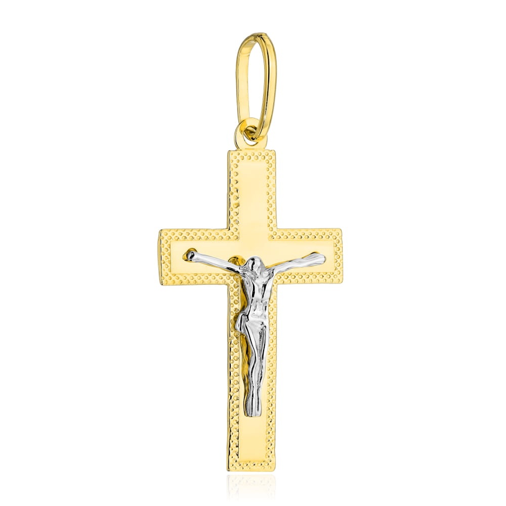 O cruce mare de aur decorată cu diamante cu Isus în două culori de aur (Greutate: 2.52)
