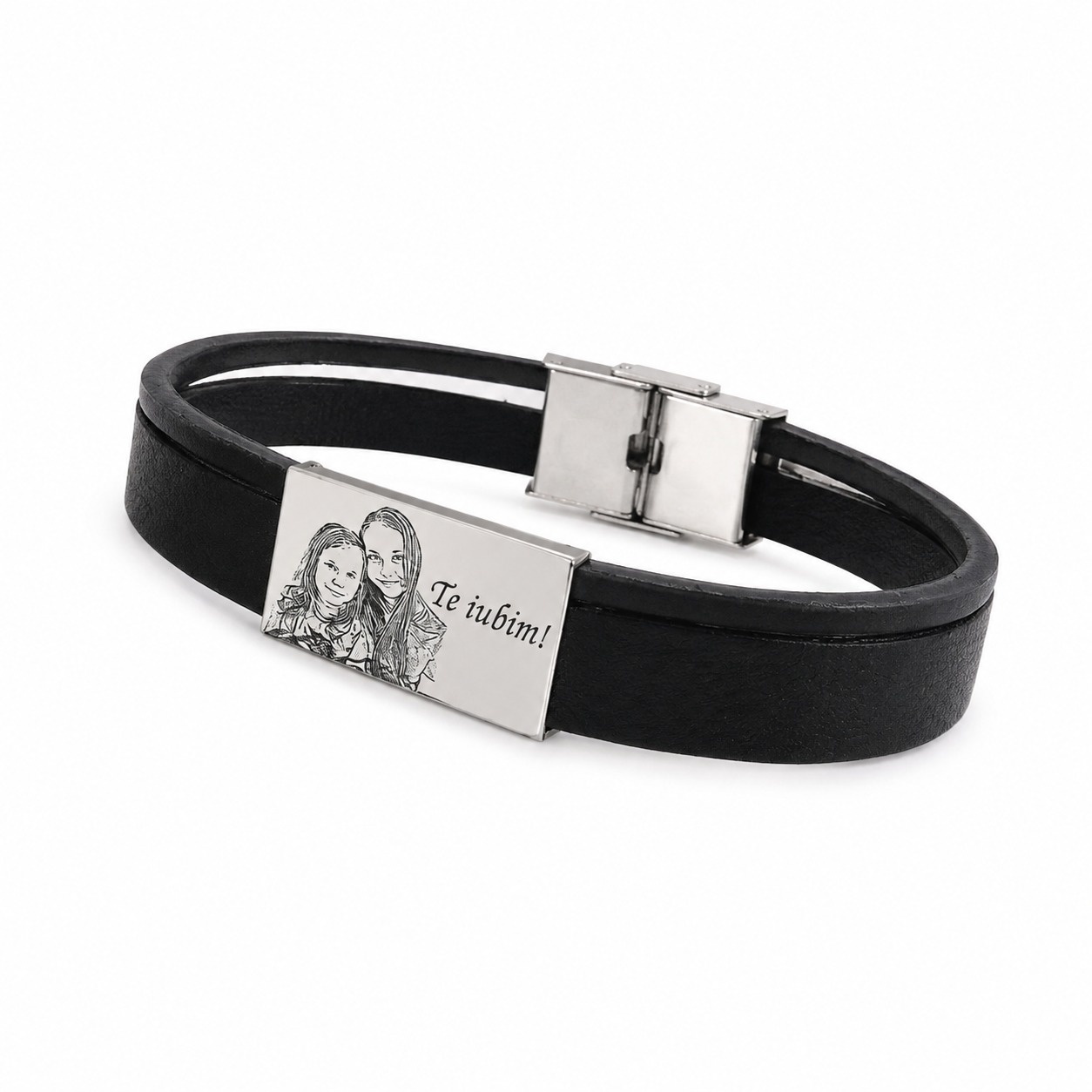 Bratara din piele naturala cu placuta din argint 925 personalizata prin fotogravura/ text ( Inchizatoare din inox )
