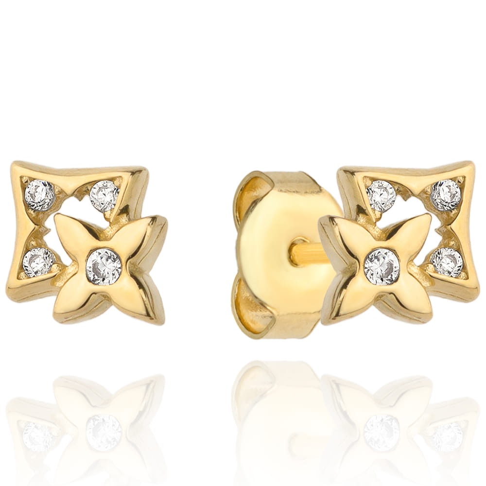 Cercei Aur 14k cu Floare si Model cu Zirconii Albe (Greutate: 0.93)