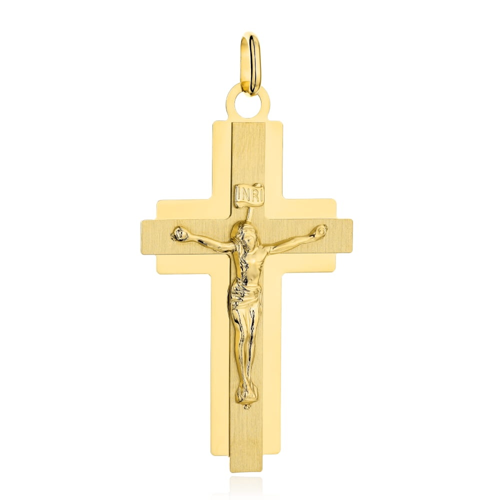 Cruciuliță Mare cu Isus din Aur 14K Galben, Satinsată cu Contur Lucios (Greutate: 4.08)