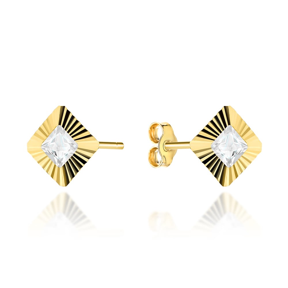 Cercei Aur 14K Romburi cu Zirconiu în Montură Diamantată (Greutate: 0.82)
