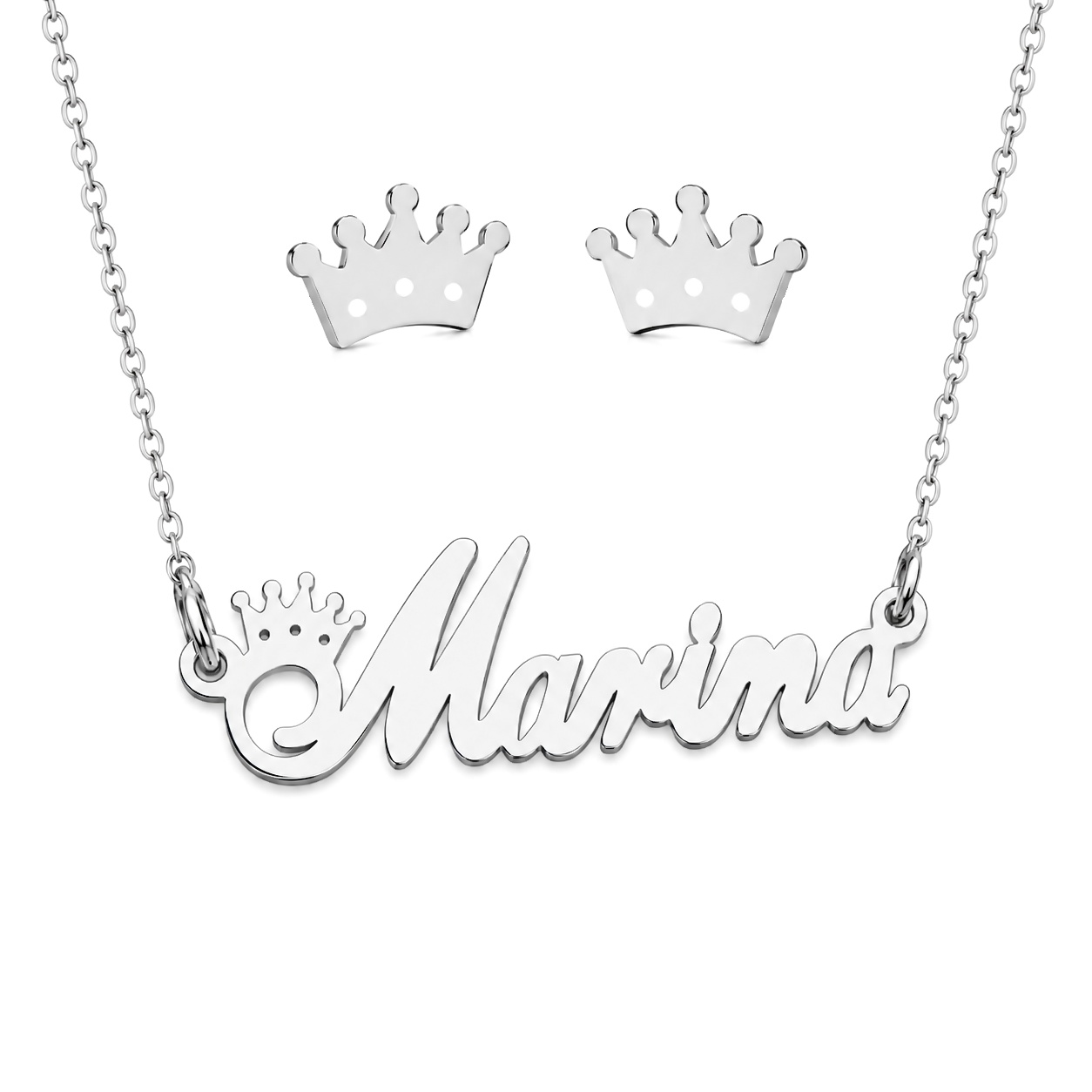 SET Colier din argint personalizat cu nume si cercei cu coronita
