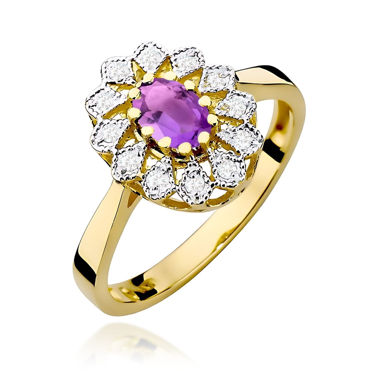 Inel Aur 9K cu Ametist 0.40 ct si Diamante Naturale 0.10 ct (Varianta: Galben)