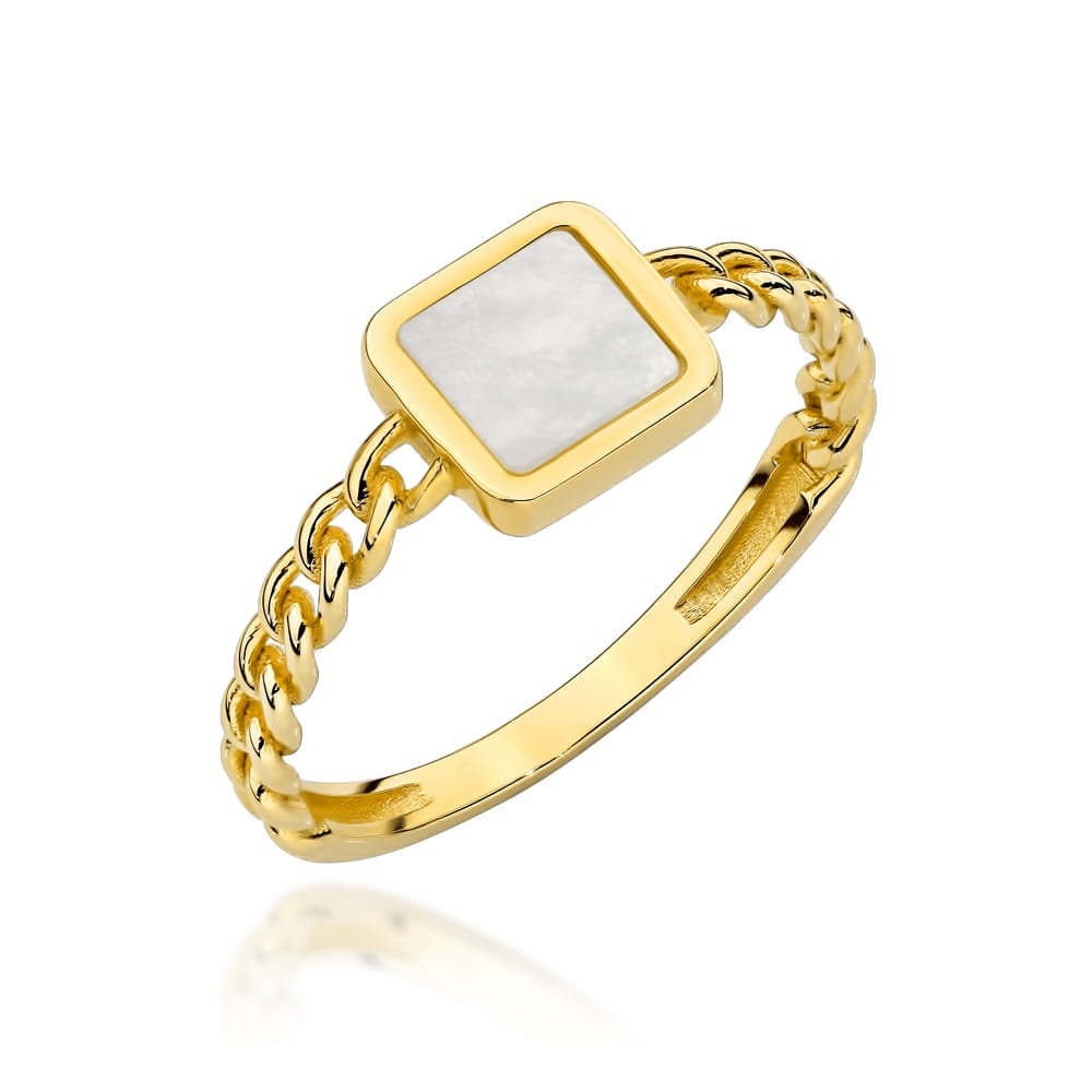 Inel Elegant Din Aur Galben 14K Pătrat Cu Masă Perlată (Greutate: 1.44, Măsură: 18)