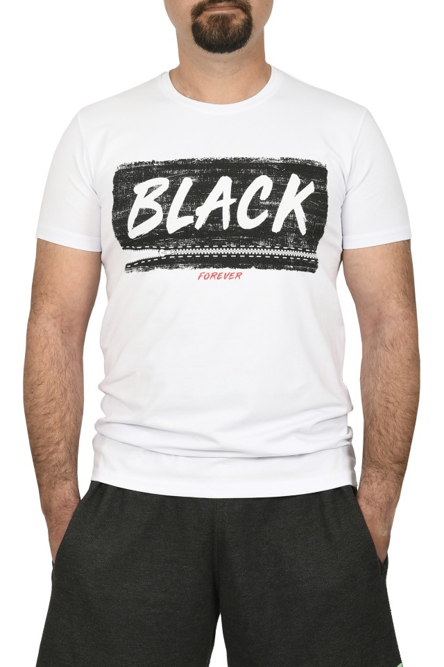 Tricou slim fit cu imprimeu BLACK, alb