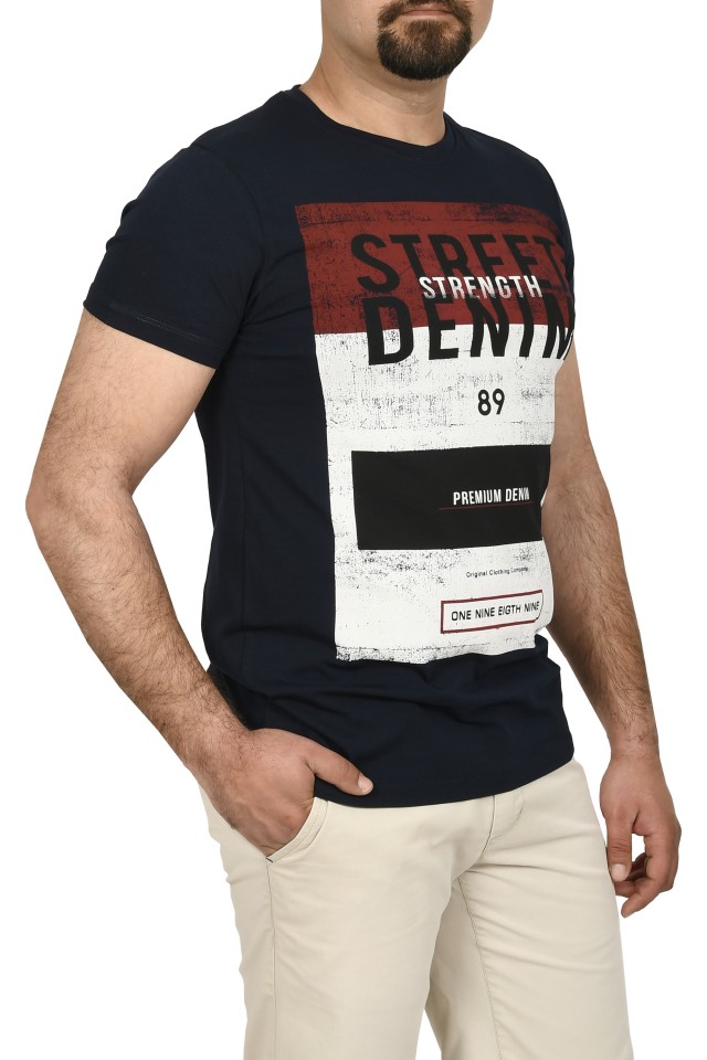 Tricou slim fit cu imprimeu STREET DENIM, bleumarin