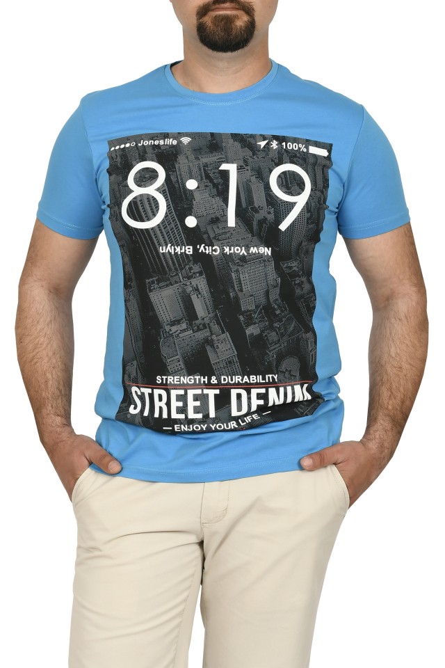 Tricou barbat cu imprimeu Street Denim, turcoaz