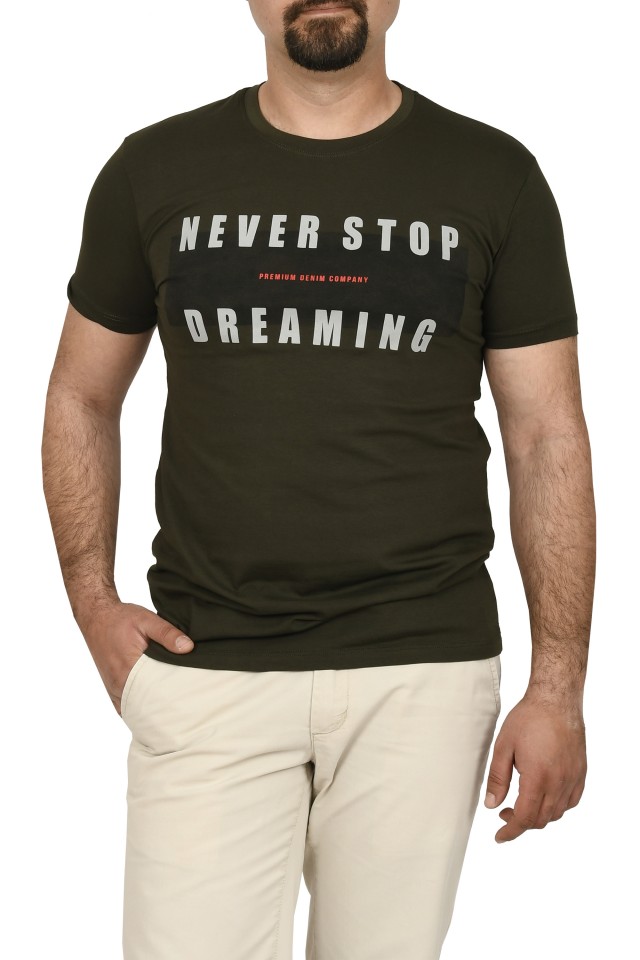 Tricou slim fit, NEVER STOP DREAMING, kaki