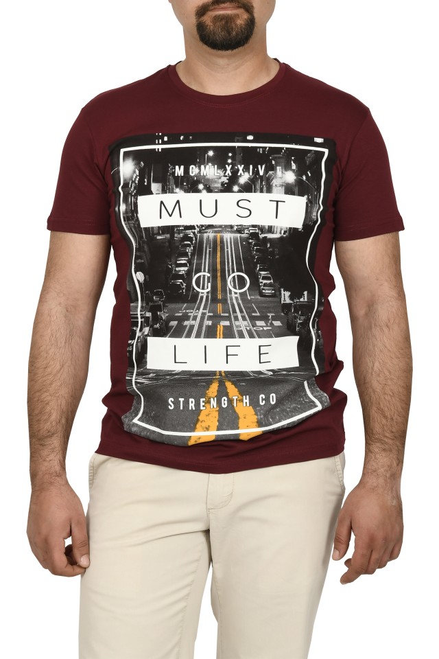 Tricou barbat cu imprimeu MUST GO LIFE, grena