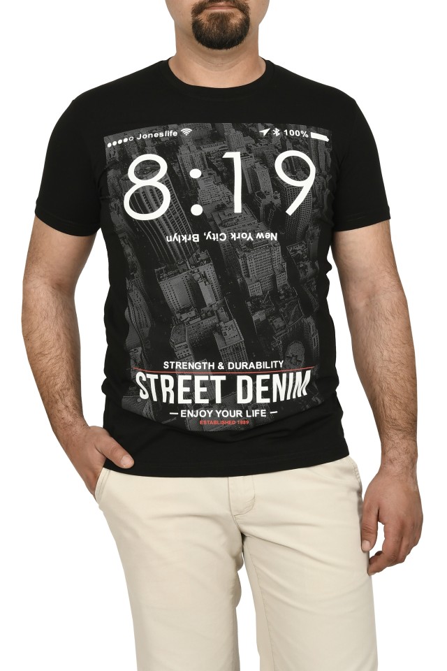 Tricou barbat cu imprimeu Street Denim, negru