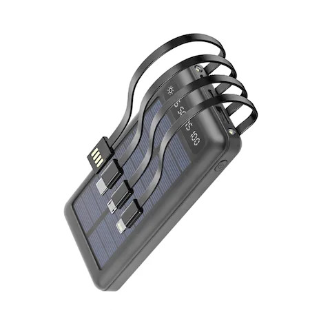 Baterie externa solara, 12000 mah, cabluri usb, type-c, microusb si lightning incorporate, lanterna, afisaj baterie, compatibilitate universala