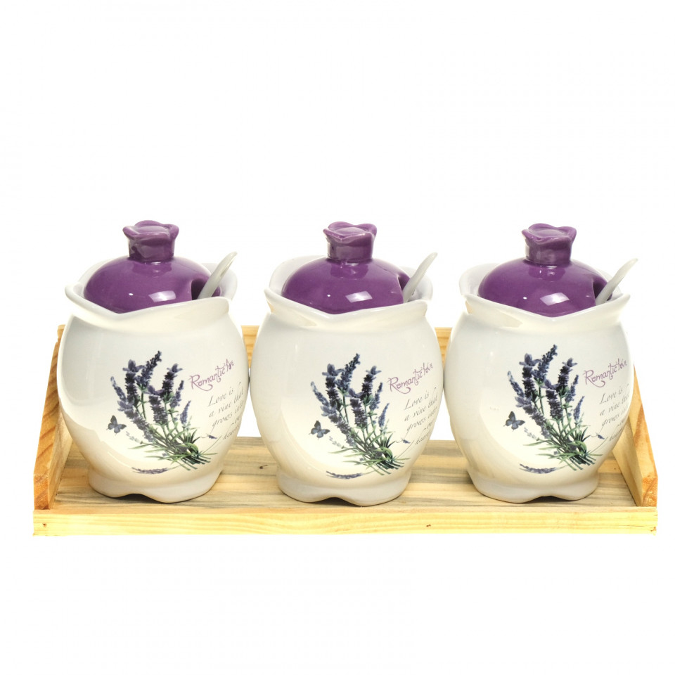 Set 3 recipiente ceramice condimente cu lingurite si suport din lemn lavanda