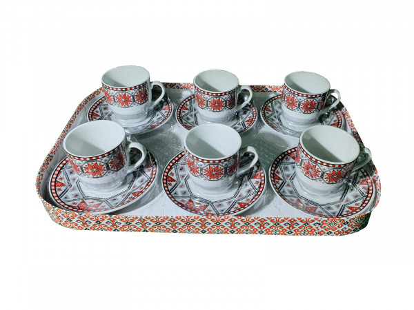 Set 6 cesti cu farfurii pentru ceai si cafea, motiv traditional