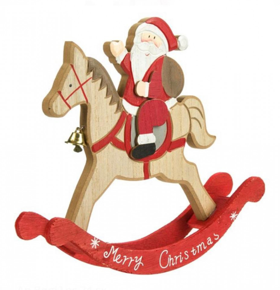 Poza Decoratiune din lemn, cal tip balansoar, cu Mos Craciun calare si mesaj Merry Christmas, 21x20x5 cm