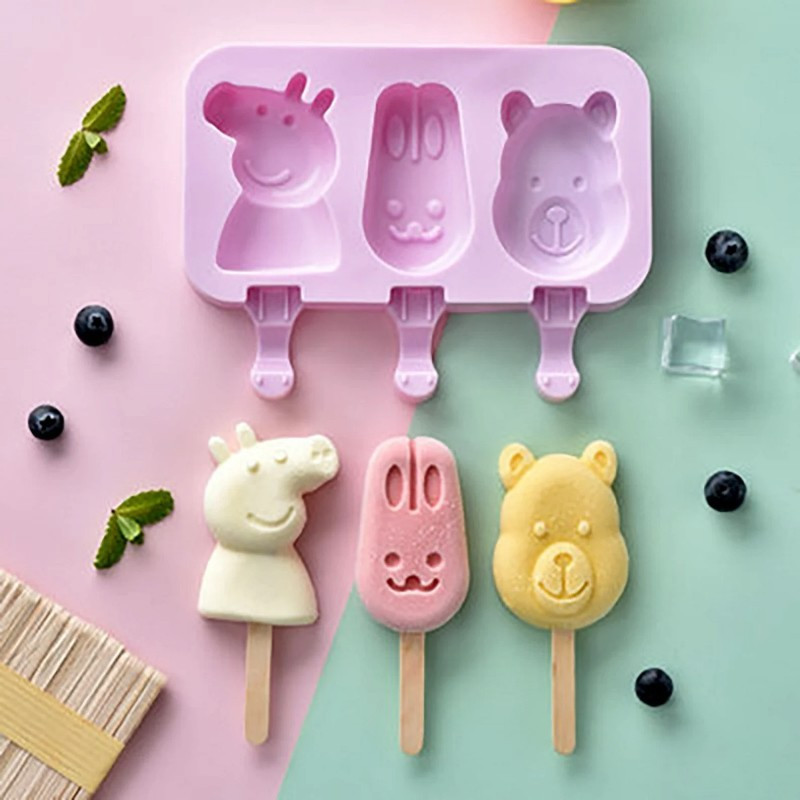 Forma pentru inghetata cu 3 compartimente, model animale, silicon, violet + 50 betisoare