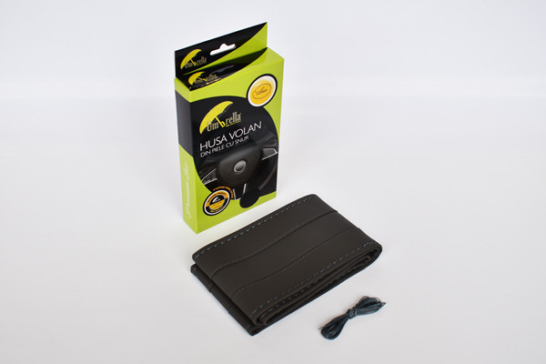 Husa volan piele ecologica cu snur, gri, 36-39 cm