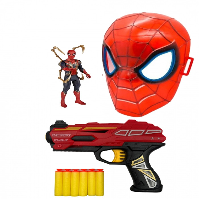 Pistol spider man cu figurina, masca si 6 cartuse moi