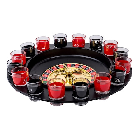 Poza Joc Ruleta cu Shot-uri, diametru de 30cm, cu 16 pahare din sticla culoare rosu si negru si 2 bile din metal