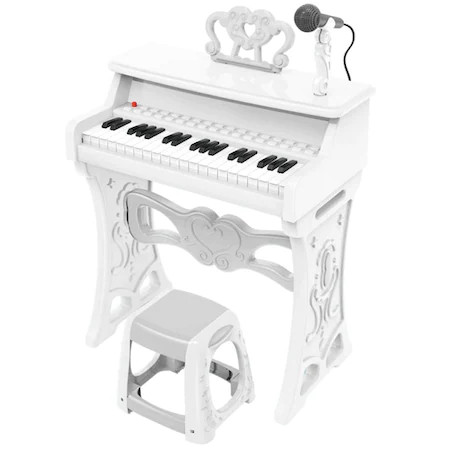 Pian electronic pentru copii cu scaunel si microfon, , electronic piano suport portativ, 25 de clape, 22 de melodii, alb