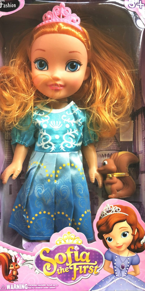 Papusa sofia the first cu veverita, 28 cm, rochita albastra