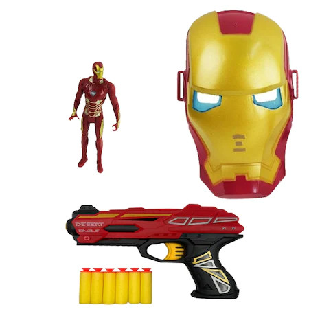 Pistol iron man cu figurina, masca si 6 cartuse moi