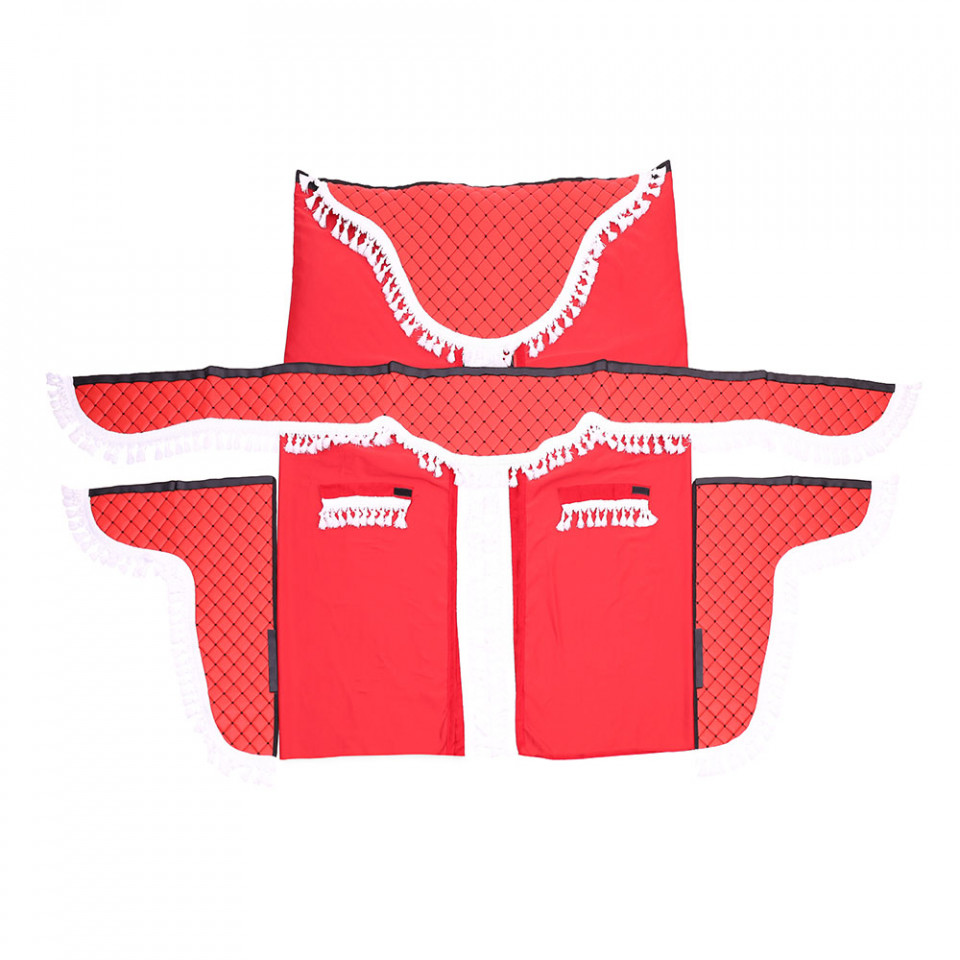 SET PERDELE CABINA CAMION, UNIVERSALE, VELUR, ROSU-ALB