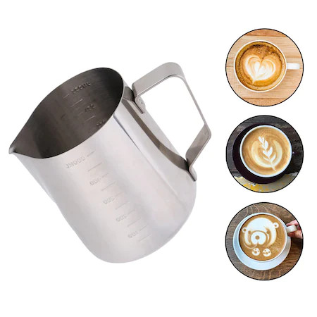 Cana din inox cu gradatie, latiera pentru spumare cu maner, cana de lapte sau cappucino, cu cioc, cana pentru bar, cana barista, 350 ml