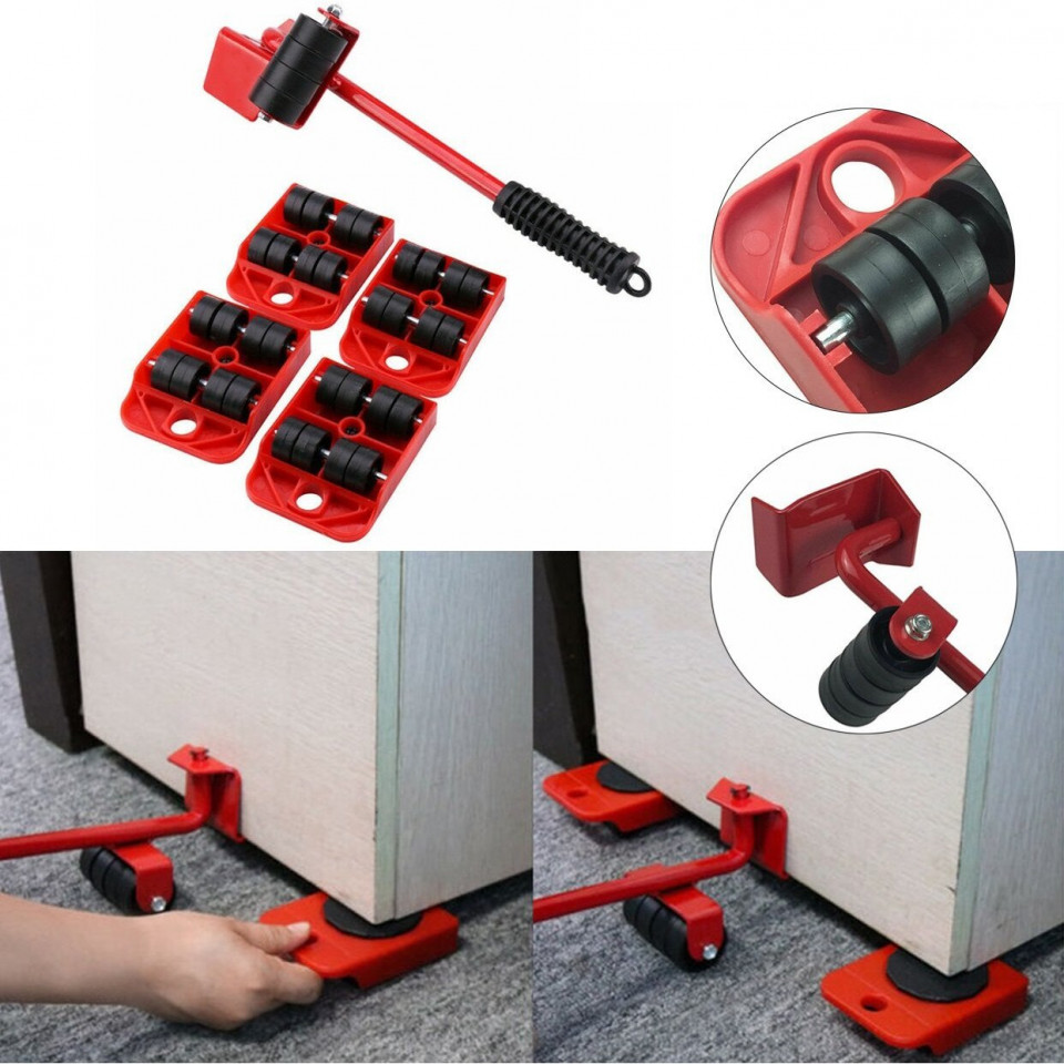 Set pentru transportat si ridicat mobila, 4 piese cu roti, o parghie cu roti, max 150kg