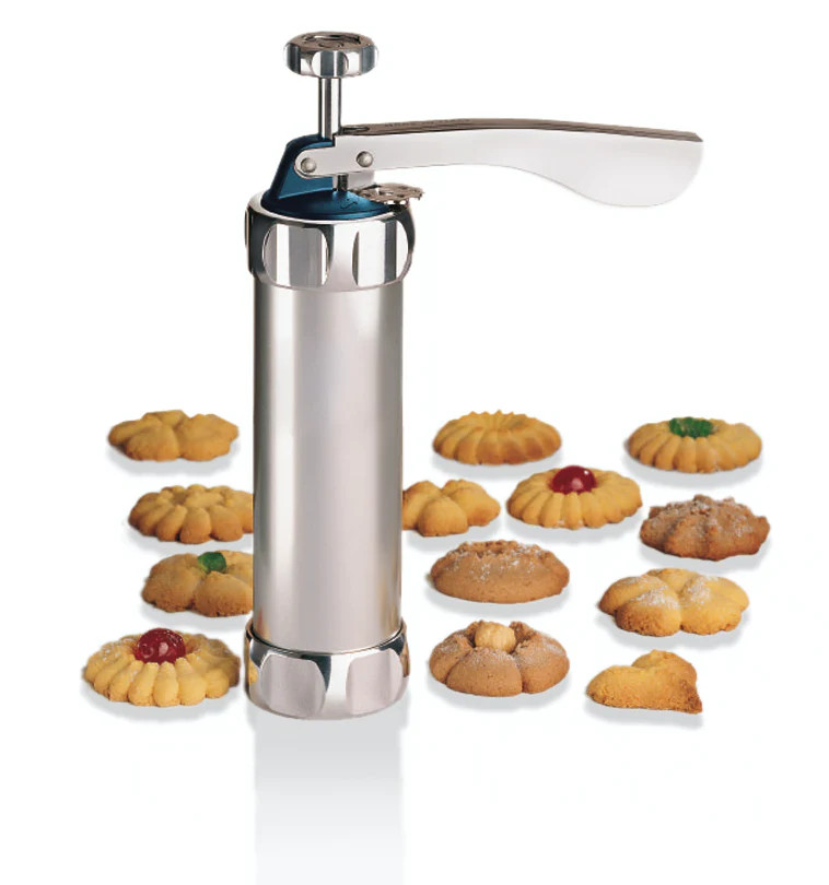 Aparat din inox pentru biscuiti si fursecuri, 20 forme si 4 accesorii ornat