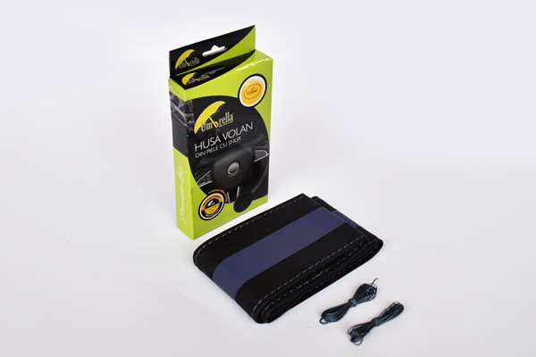 Husa volan piele ecologica cu snur, albastru si negru, 36-39 cm