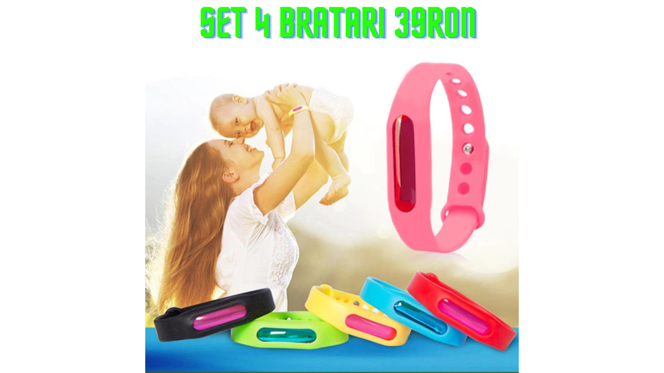 Set 4 bratari anti-tantari din silicon, multicolor