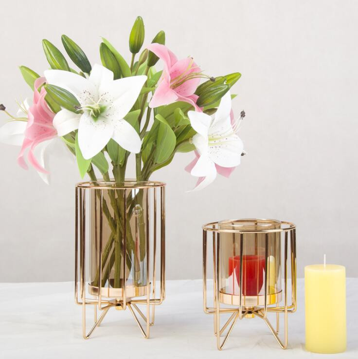 Poza Suport lumanare/flori artificiale din sticla, cadru fier, auriu
