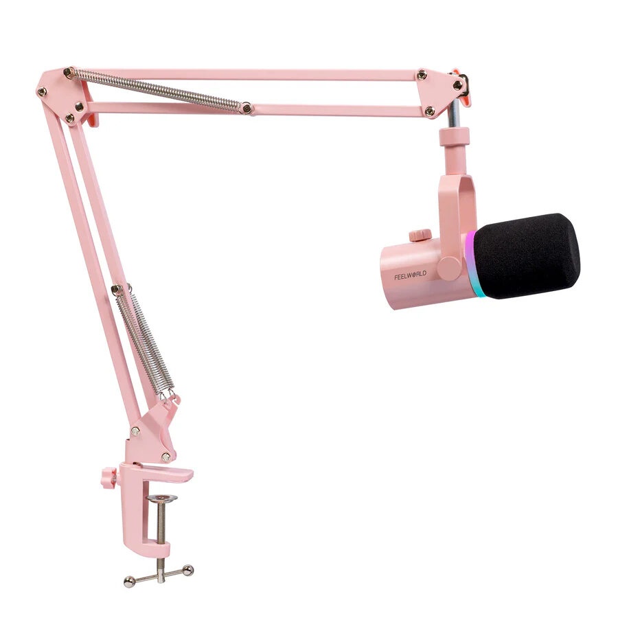Feelworld PM1-AS-P Roz, Microfon Dinamic Cardioid, RGB, XLR si USB-C, brat articulat