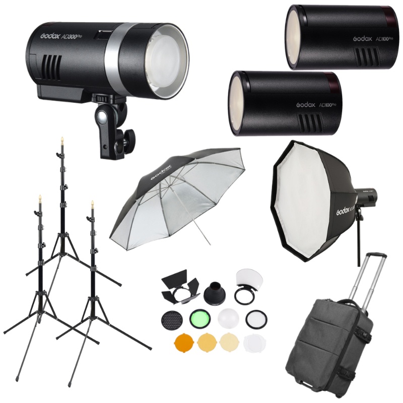 Kit Blituri Godox AD300Pro & 2 x AD100Pro, cu stative, softbox si umbrela