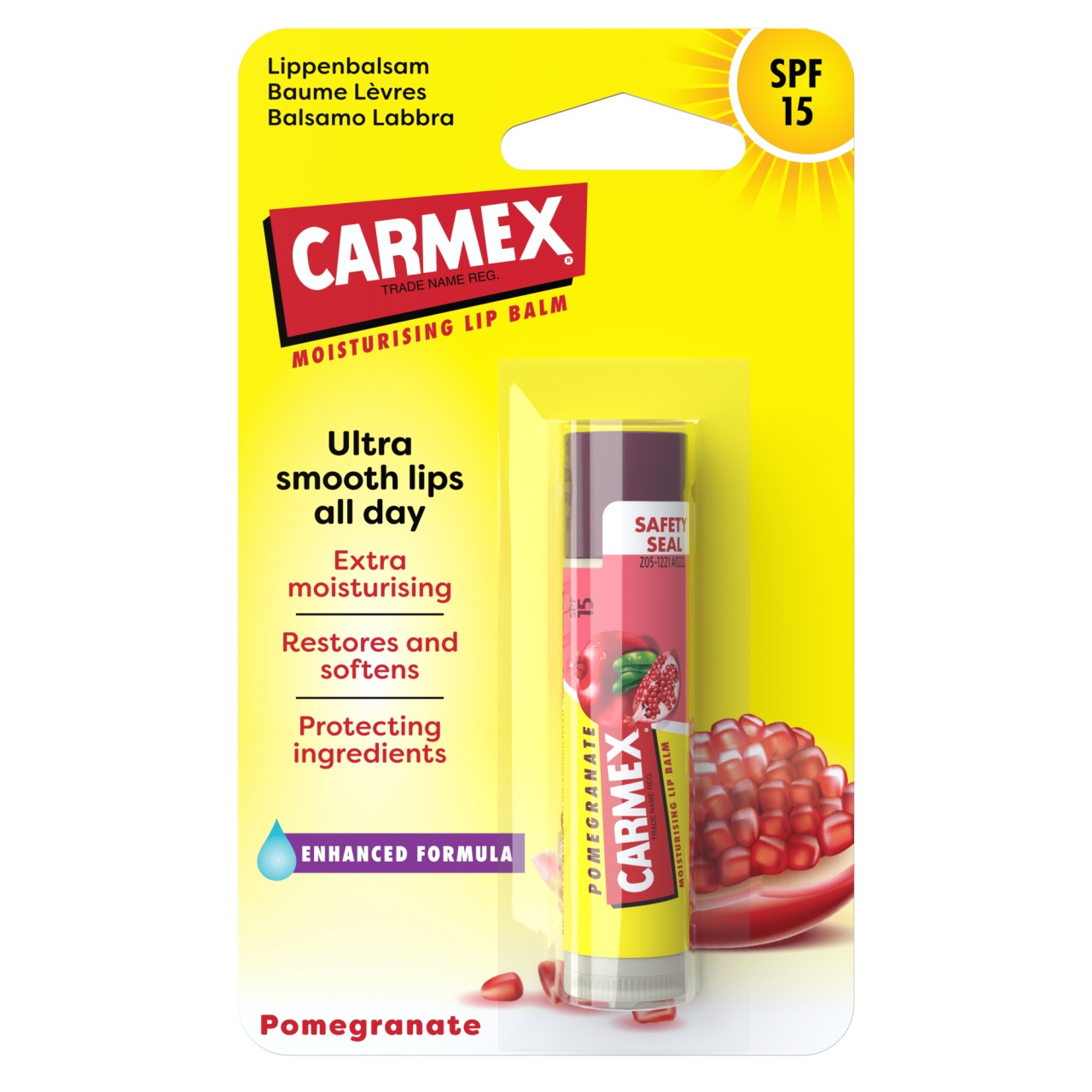 Balsam reparator pentru buze uscate si crapate cu aroma de rodie SPF 15, 4.25 g, Carmex